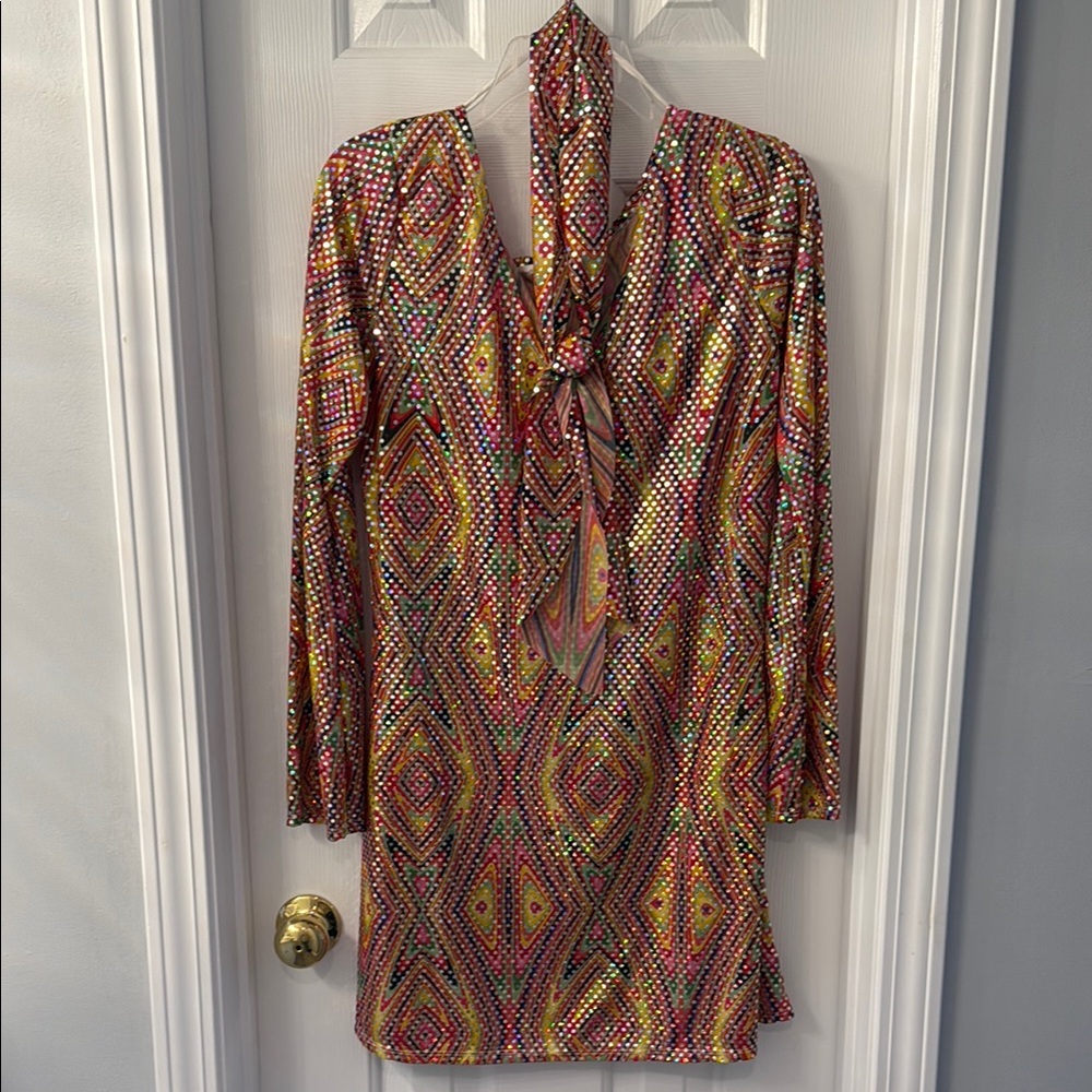 70”s Groovy Colorful Geometric Long Sleeve Dress with matching headband